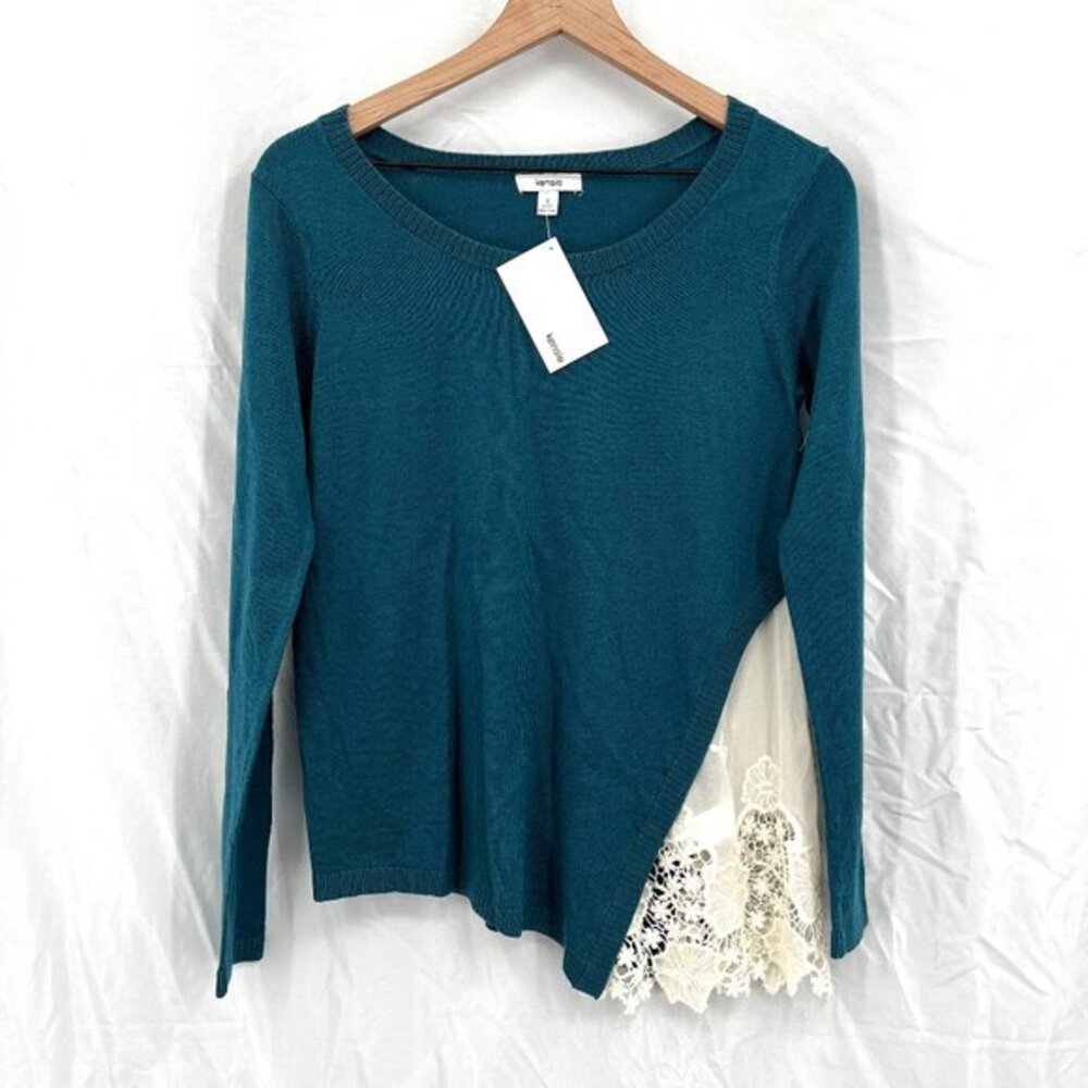 NEW Kensie dark teal pullover sweater lace peek a boo cutout‎ classic comfy S